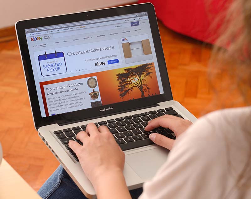A person looking at the website ebay on a laptop