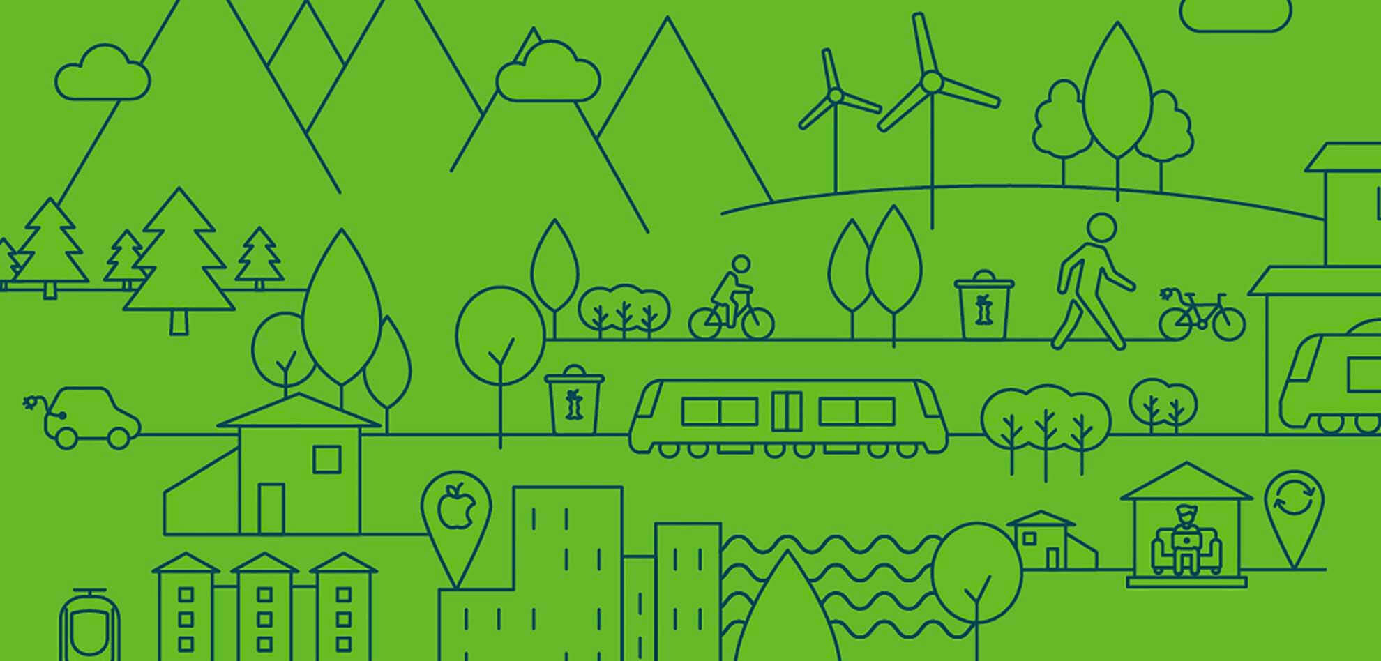 an illustration of different environmental symbols on a green background
