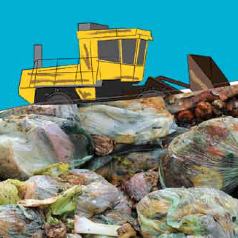 An illustration of a large digger driving over food waste made to look like a hill