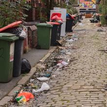 Bins line a cobbled street with rubbish on the ground