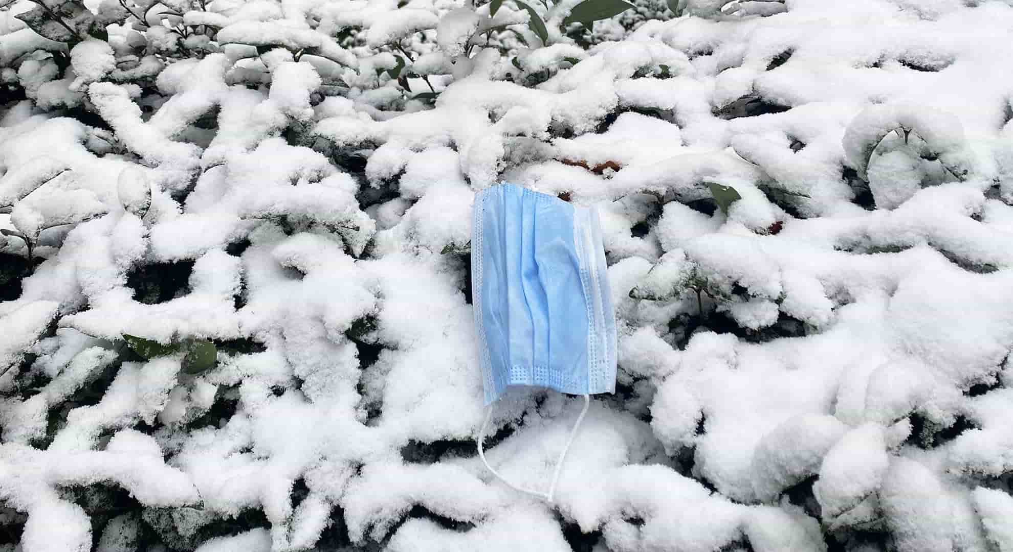 Photo of a single-use face covering littered in the snow.jpeg