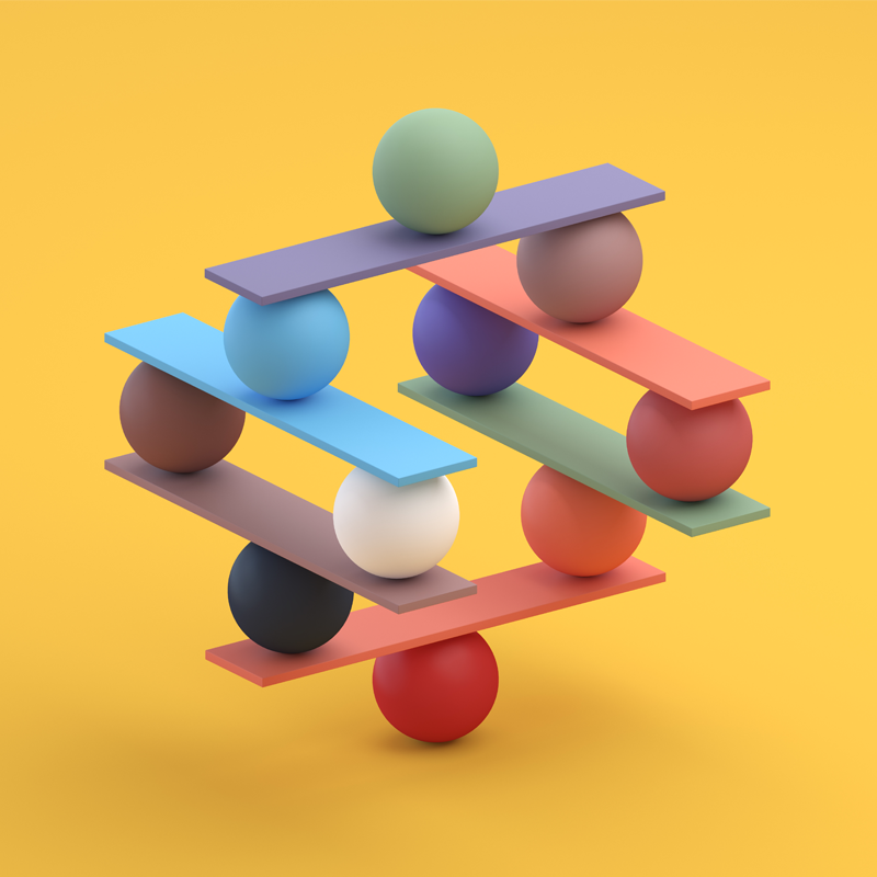An abstract image showing various flat planks balanced on various balls