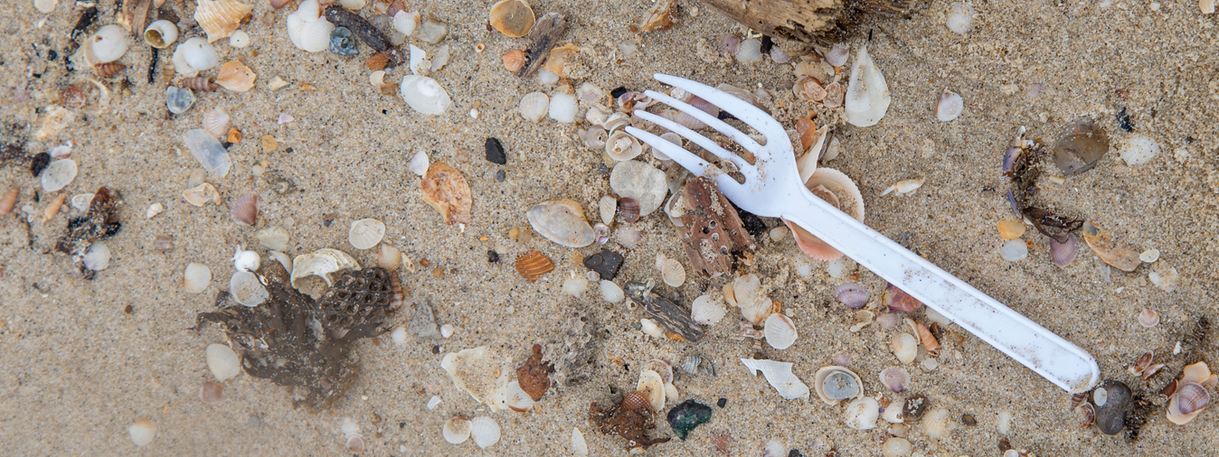 a single use plastic fork on a sandy beach
