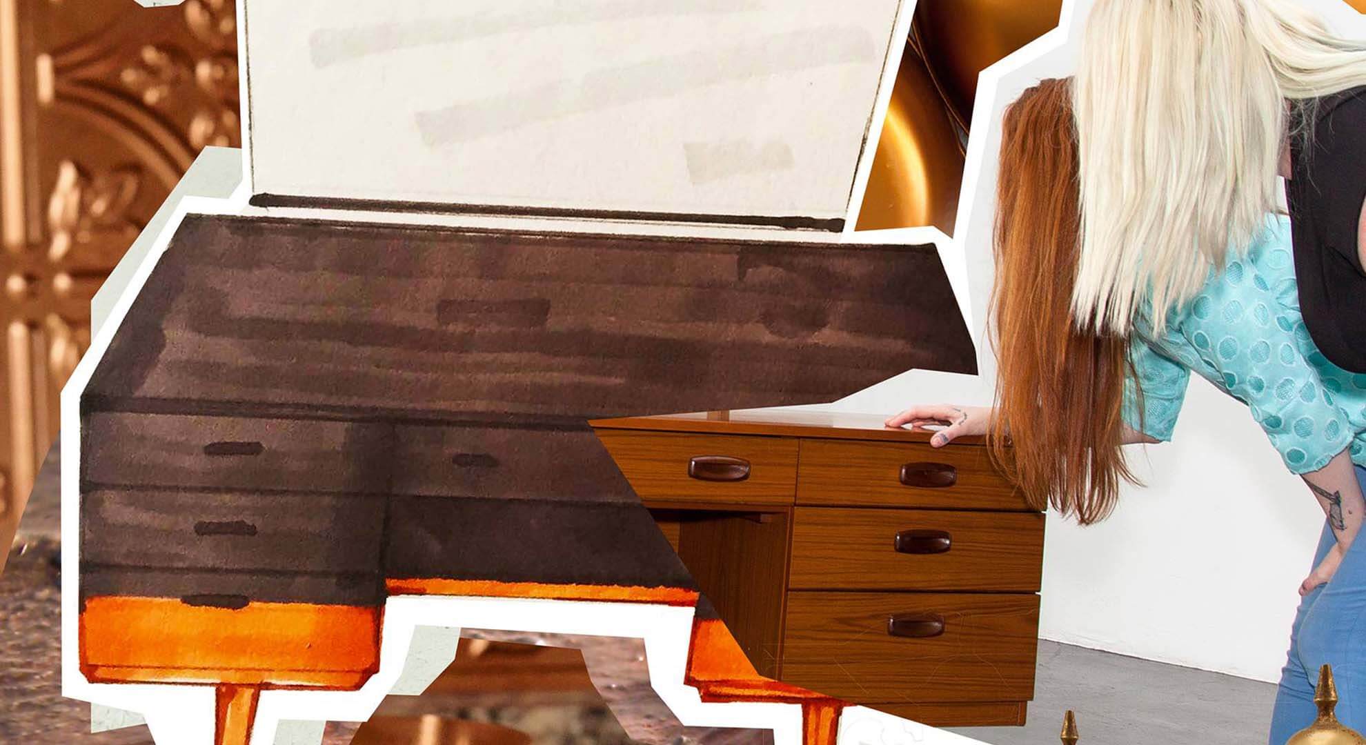 Collage style image of a person painting a 1970s dresser