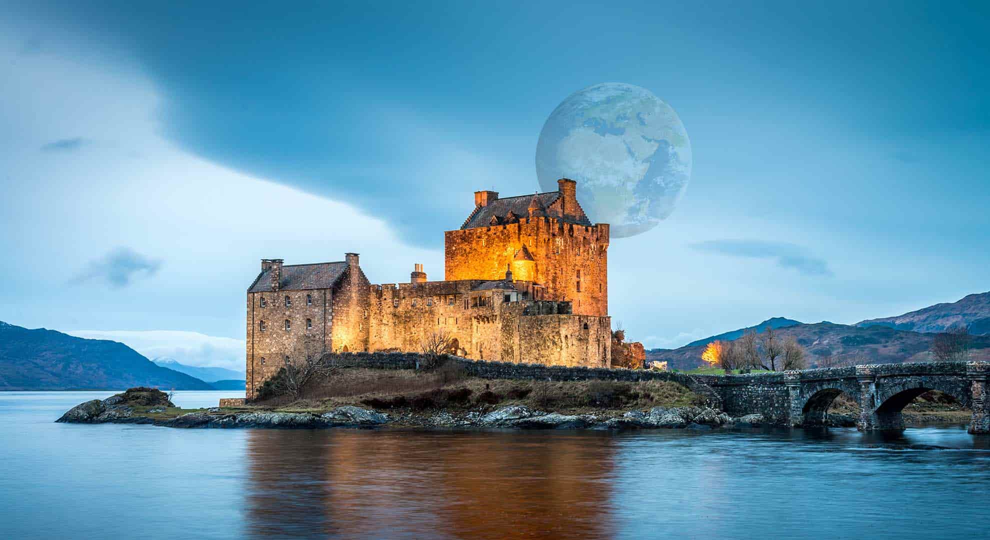 Image of Eilean Donan Castle with another planet earth behind it