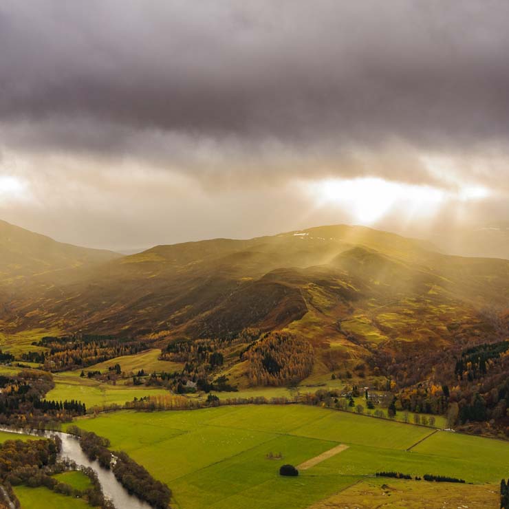 Scottish hills basking in sunlight