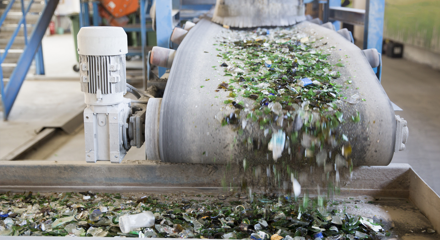 Glass on a conveyor belt in a processing plant