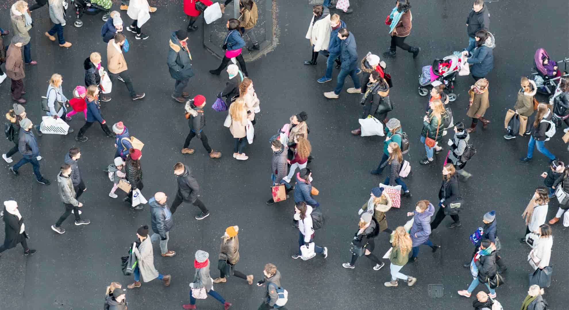 aerial view of a busy pedestrian crossing