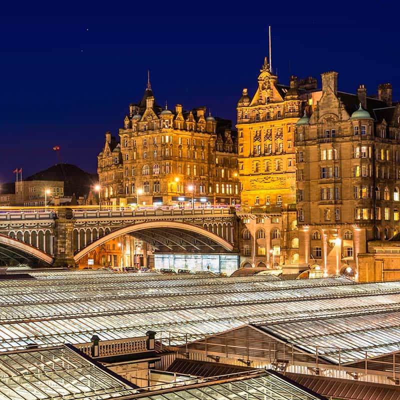 View of the city centre of Edinburgh and the roof of Waverley Railway Station