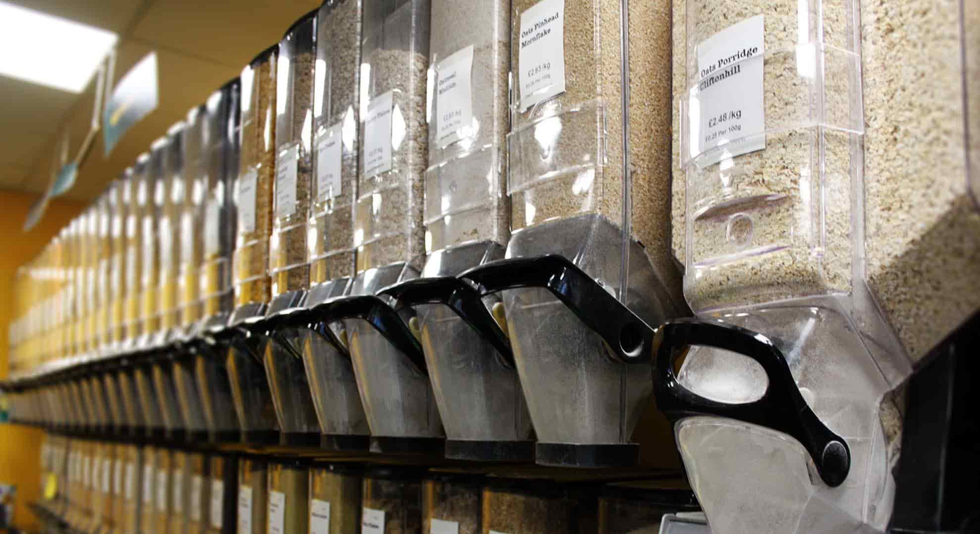 Photo of gravity dispensers at a zero waste refill store