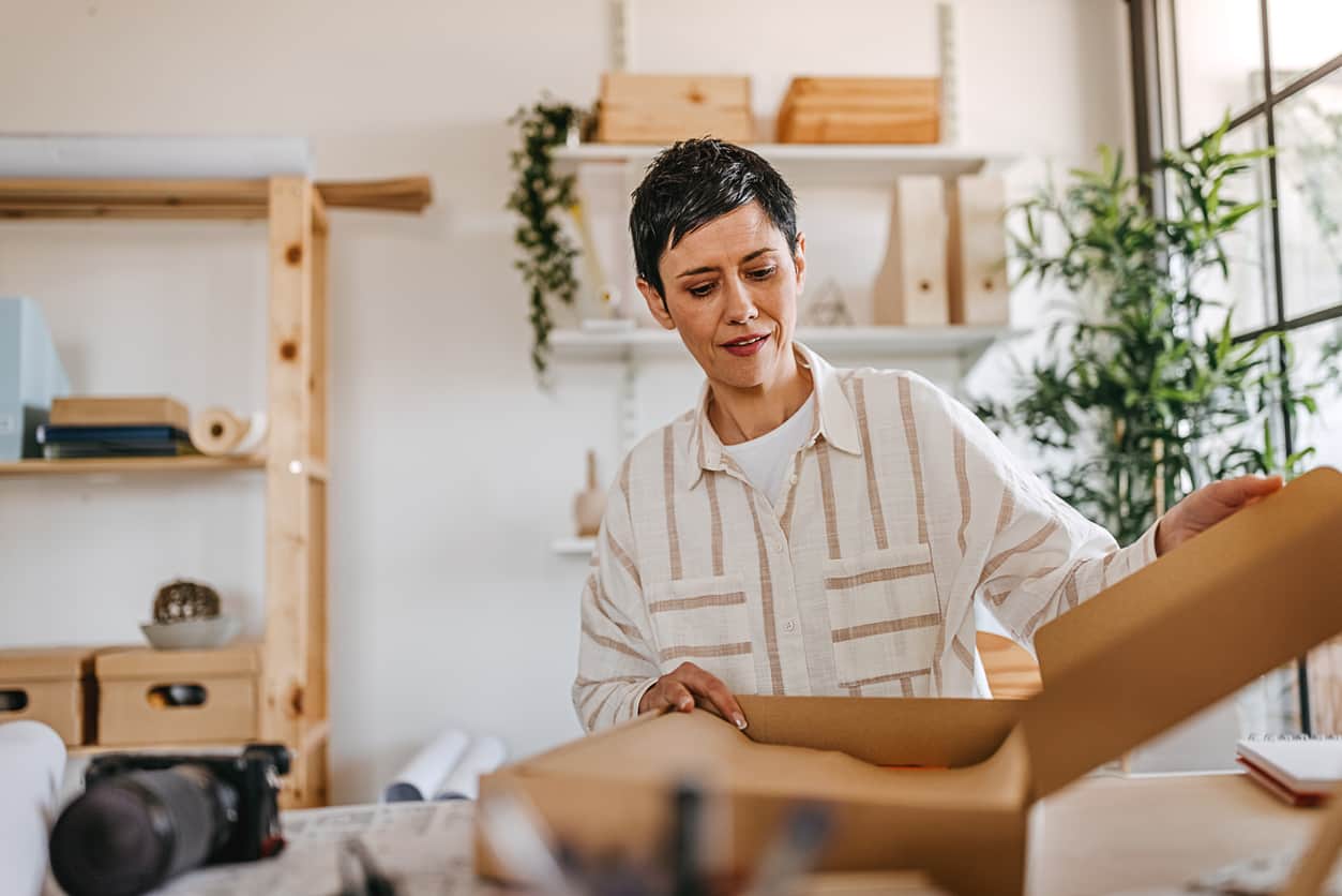 Person preparing a parcel for return in a shop 