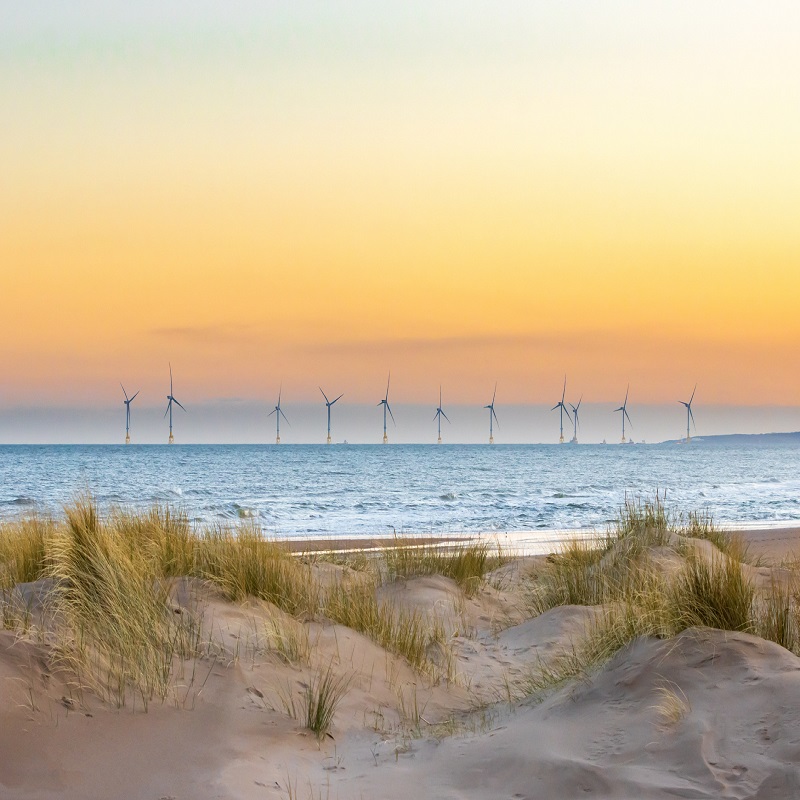 wind turbines at sea with beach in foreground