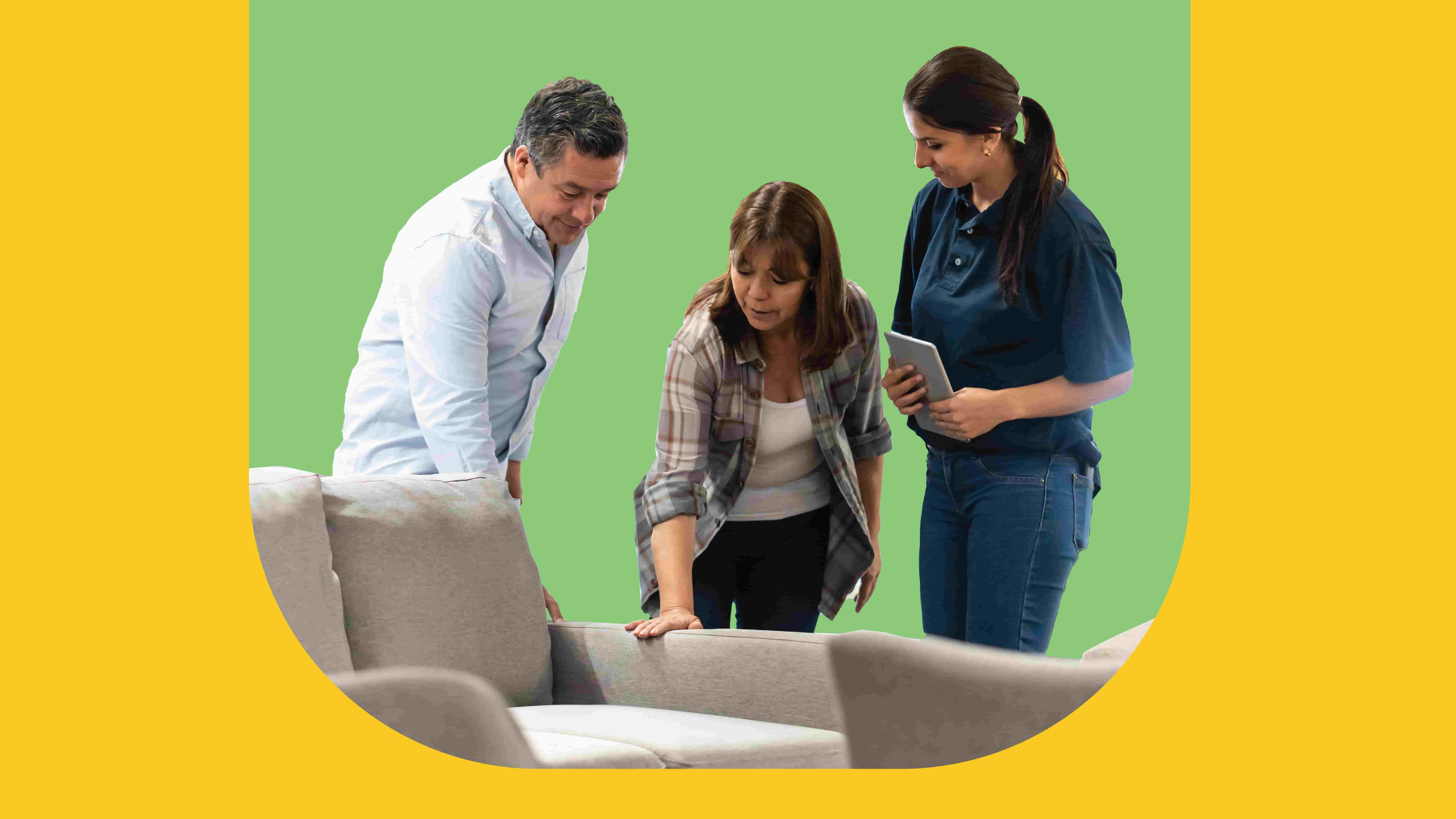 yellow banner with image of group of people inspecting at an arm chair