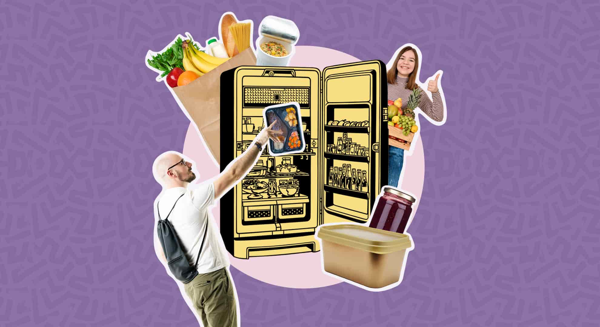 Purple banner with image of a fridge and people accessing food from within the fridge.