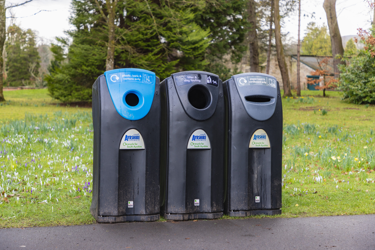 Image of three new recycle on the go bins in South Ayrshire funded by the Recycling Improvement Fund