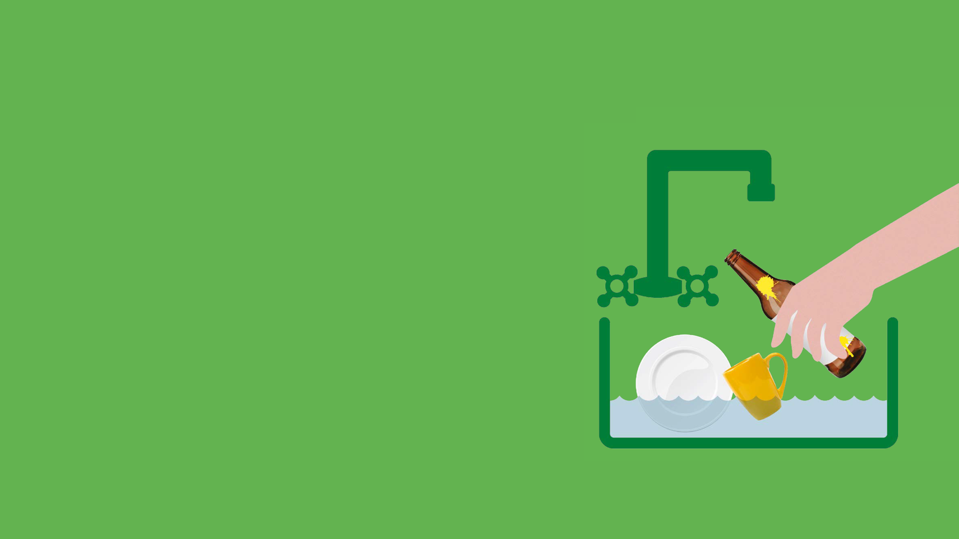 Green rectangle with an illustration of a hand washing recyclable materials in a sink