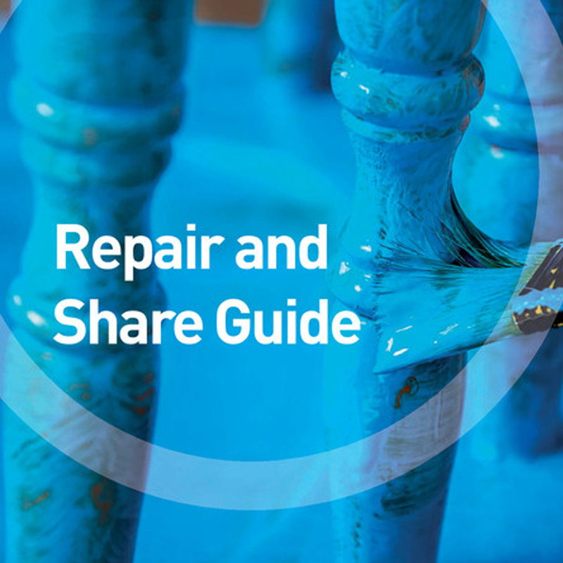 Photo of a wooden frame being painted blue, with the words 'repair and share guide'