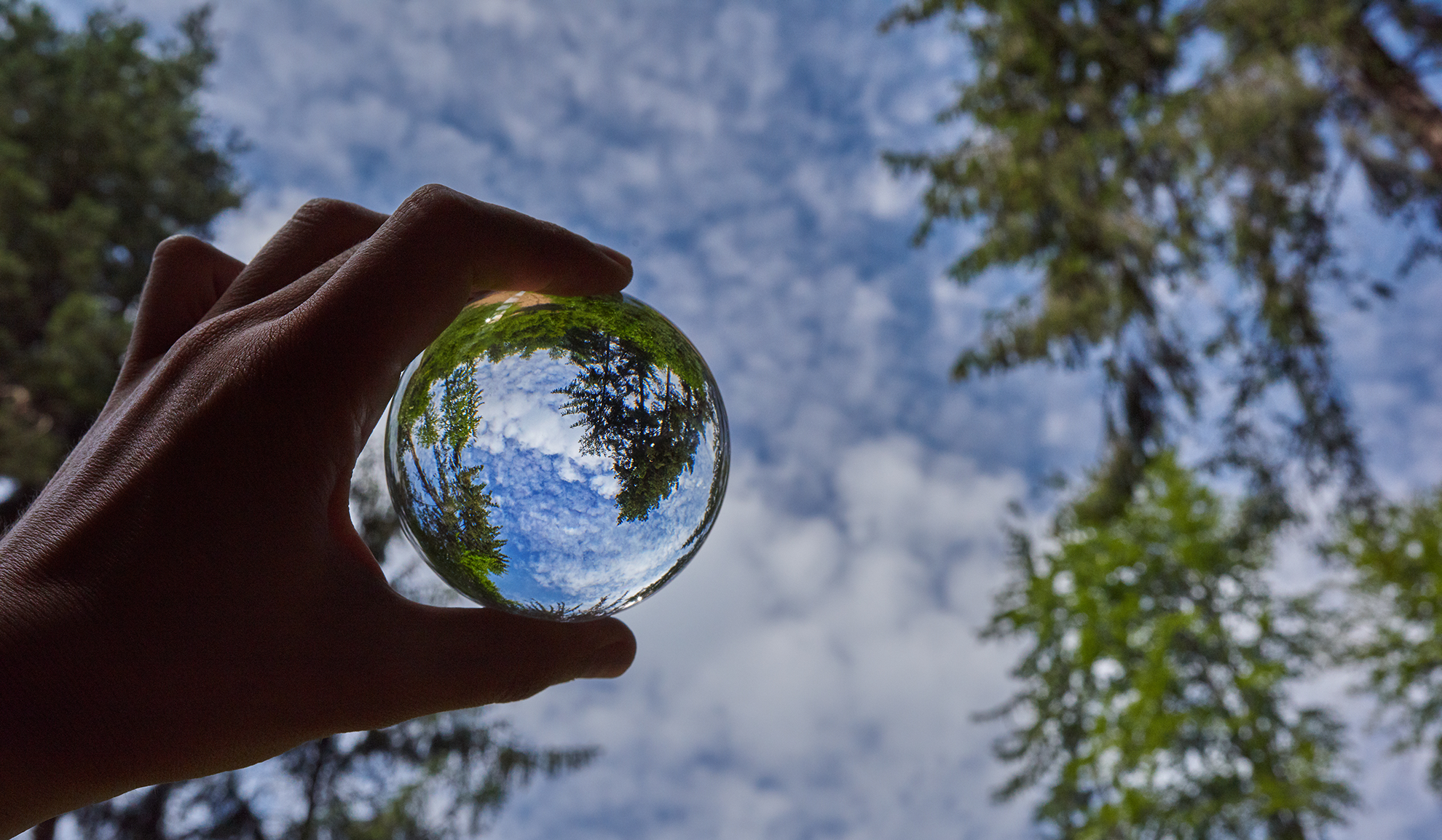 hand holding glass circle up to sky to reflect 