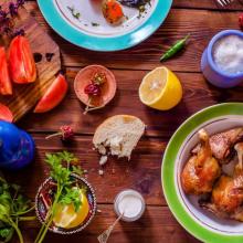 A collection of food on a wooden table