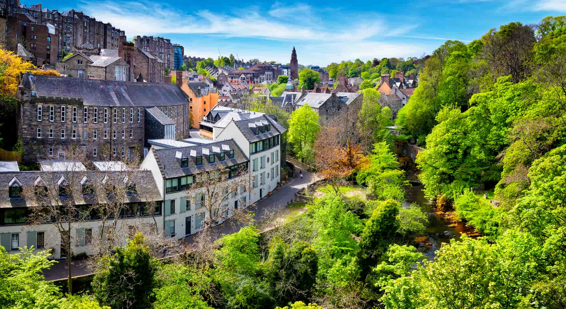 Arial image of buildings in an urban area with greenery