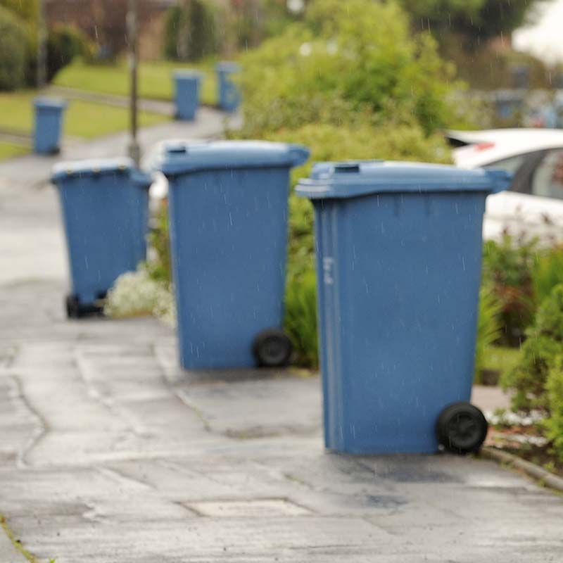 Photo of a row of blue wheelie bins on the pavement in a residential street ready for collection