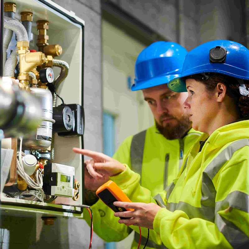 People looking at a boiler