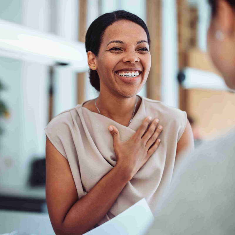 Person having conversation and laughing