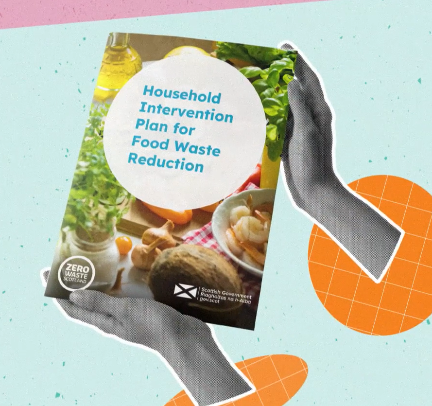 A pair of hands holding a copy of the household intervention plan for food waste reduction