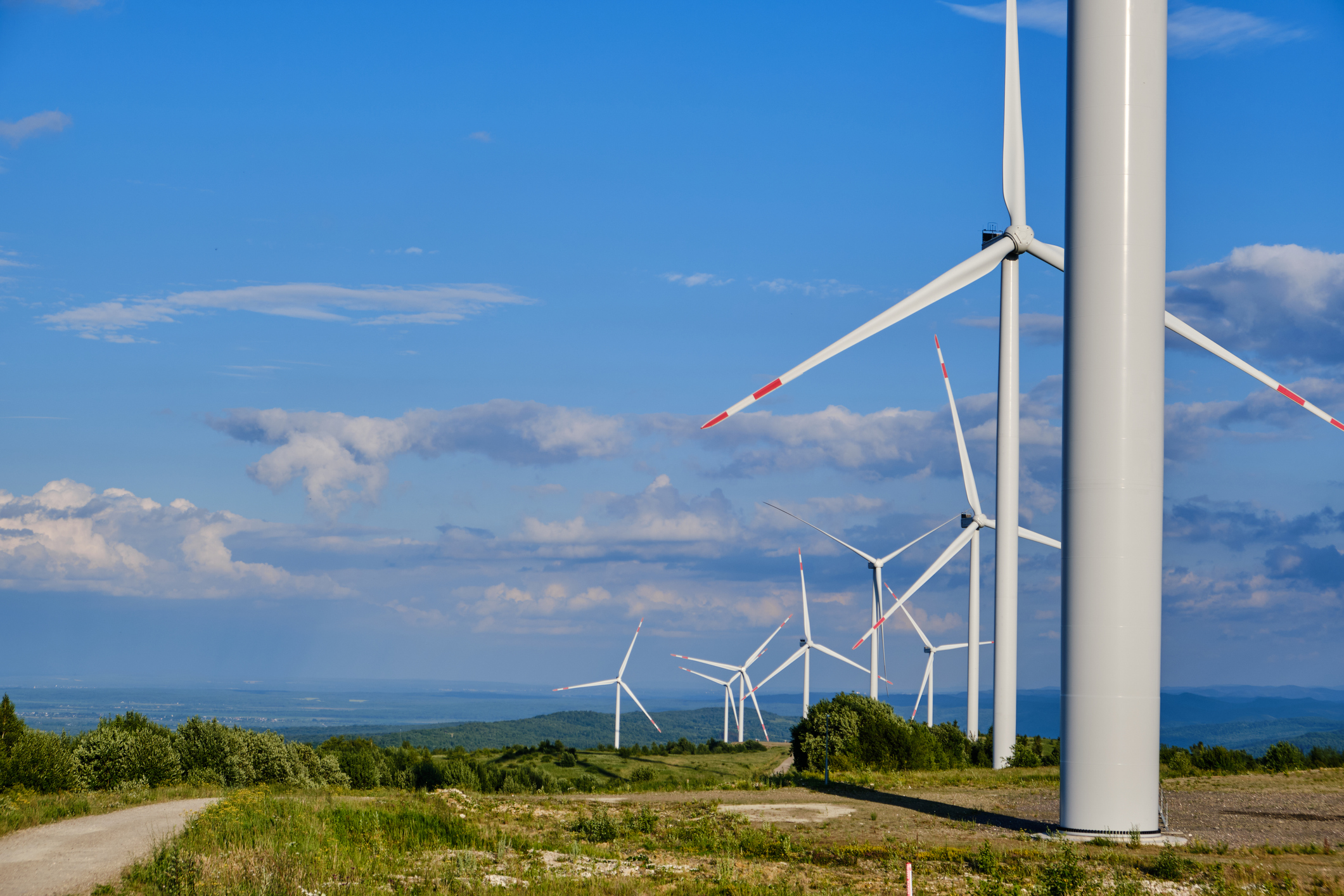 Wind turbines generating renewable energy in a rural landscape.